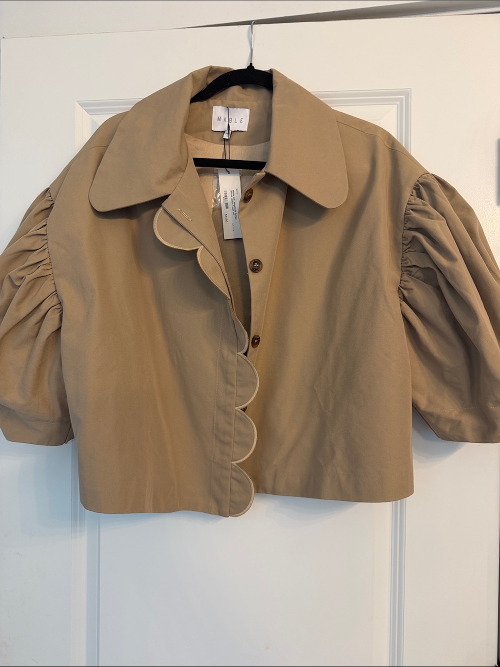 MABLE Tan Cropped Puff-Sleeve Trench Coat with Scalloped Front